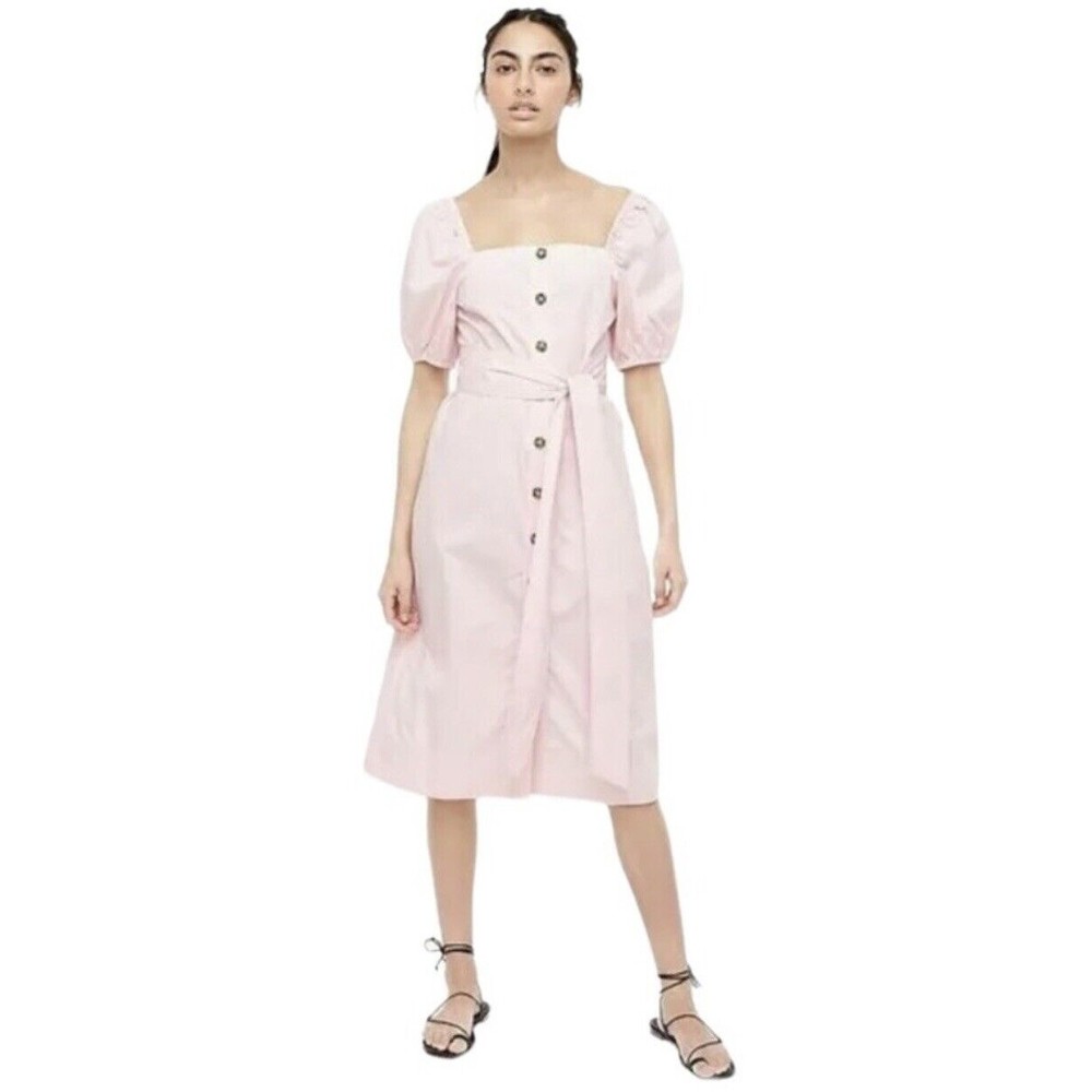 J. Crew Women’s Pink Cloud Cottage Puff Sleeve Midi Dress Button Front Tie S